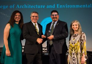 Photo: Cal Poly 2018 Honored Alumni Event Nov. 9. 2018 - Phil Serna with Cal Poly Alumni Association President Erica Stewart, Cal Poly’s President, Jeff Armstrong and CAED Dean, Christine Theodorpoulos